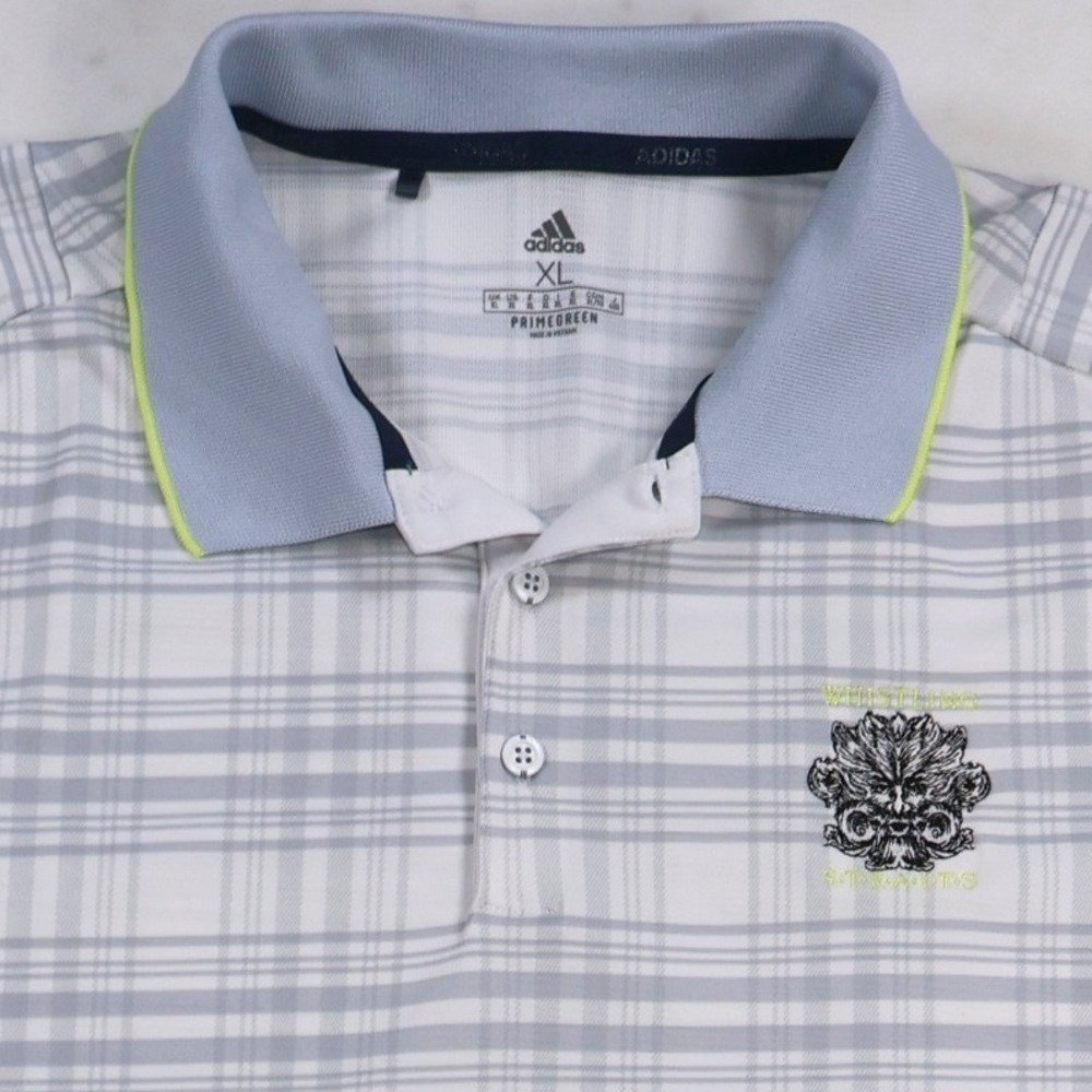 Adidas Whistling Straits Polo Shirt XL White Gray Plaid Short Sleeve Primegreen